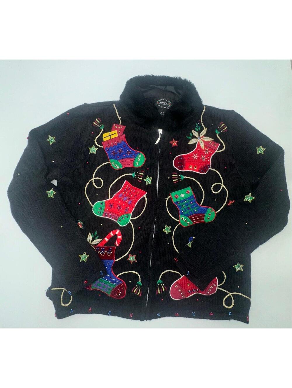 Vtg DESIGNERS ORIGINALS STUDIO Ugly Christmas Sweater Fur Collar Zip Up PetiteS